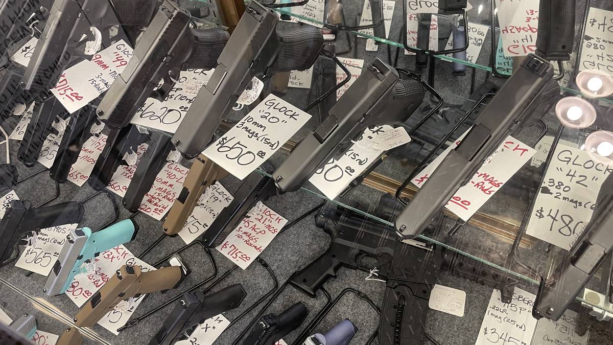 Glock handguns for sale: Glock 49 9mm, Glock 20 10mm, Glock 40 MOS, Glock 19, Glock 21 MOS, Glock 42 .380, and a teal Glock 43X.