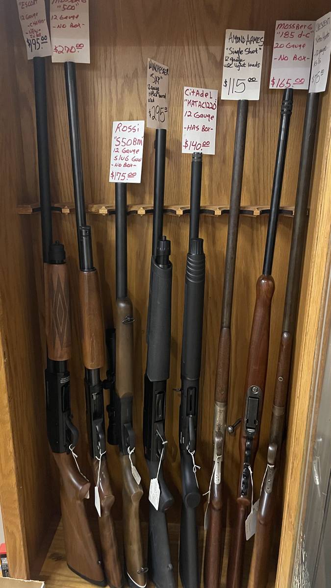 Pump action shotgun rack: Mossberg 500, Winchester SXP 12-gauge with rifled barrel, Citadel KATAC1220 12-gauge, Rossi S50 12-gauge slug gun, Amond Armes single-shot, Mossberg 185 D-C 20-gauge, and Crescent Nitro Hunter.
