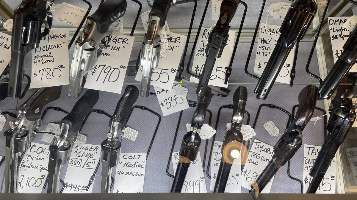 Wide revolver display: Smith & Wesson Model 10 Classic .38 Special, Ruger GP100 and GP101, Ruger LCR .22 eight-shot, Cimarron Holy Smoker .45 LC, Colt Python 6-inch Davidson's Special, Colt Kodiak .44 Magnum, Pietta 1873, Taylor's 1895 Outlaw, and Cimarron Lightning.