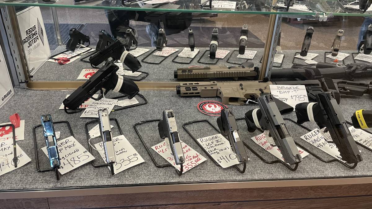 Ruger handgun case: Ruger American 9mm and .45 ACP, Ruger LCP Max, Ruger LCP II Lite Rack 22LR, plus a tan Brigade BMF-9 pistol-caliber rifle.